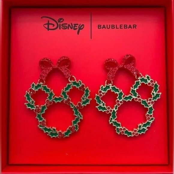 BaubleBar Holly Wreath Disney Stud RhinestioneSparkly Earrings New in Box - Picture 3 of 3